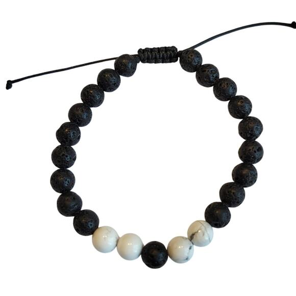 Lava Rock Howlite Bead Bracelet 7-9" Adjustable Unisex Black White, Gift Bag - Picture 5 of 12
